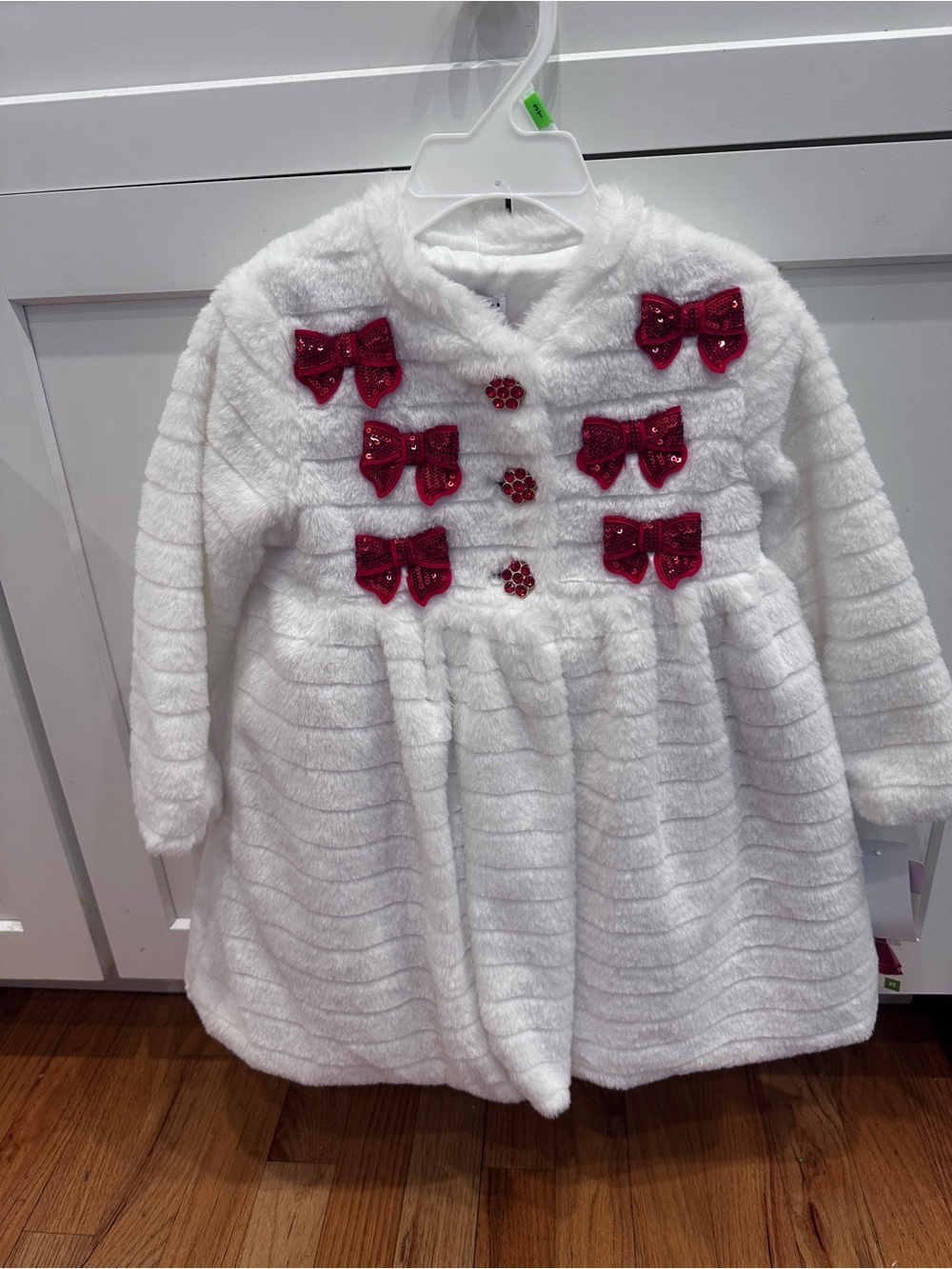 belk White Plush Dress Coat with Red Bow Accents